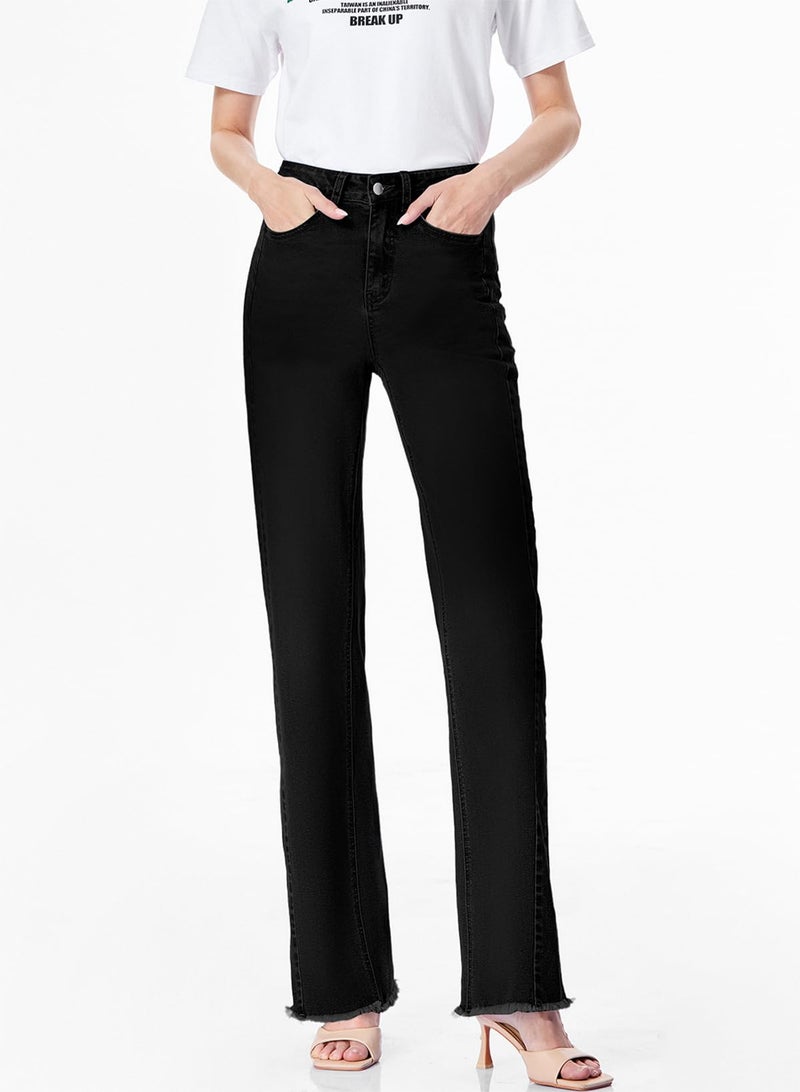 Sidefeel Women's High Waisted Baggy Jeans Strechy Raw Hem Straight Leg Denim Pants Size 2 Solid Black - Image 4