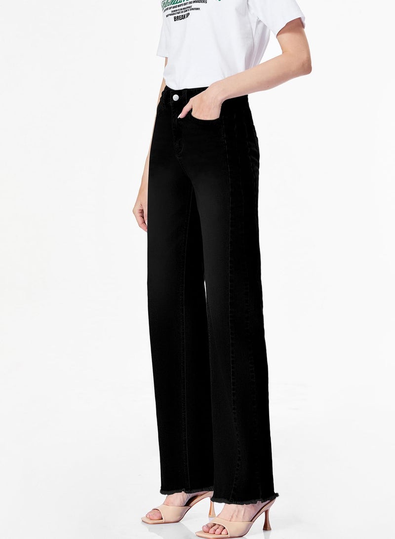 Sidefeel Women's High Waisted Baggy Jeans Strechy Raw Hem Straight Leg Denim Pants Size 2 Solid Black - Image 5