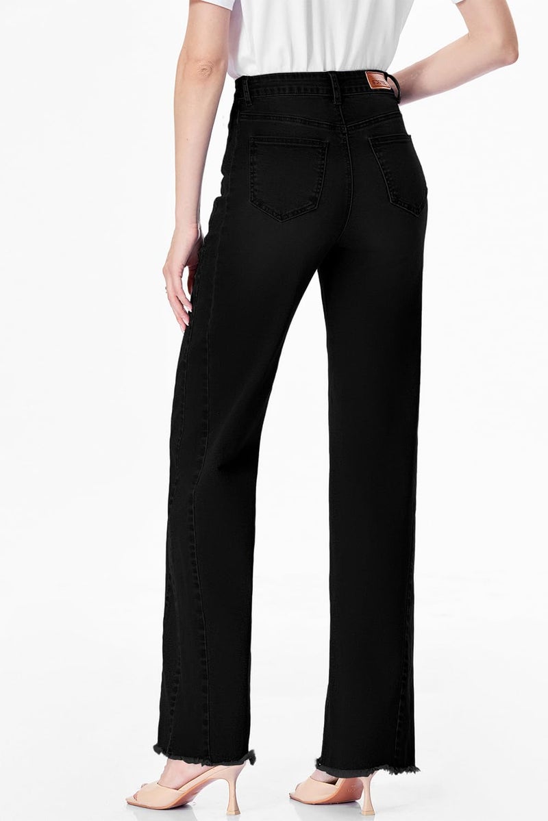 Sidefeel Women's High Waisted Baggy Jeans Strechy Raw Hem Straight Leg Denim Pants Size 2 Solid Black - Image 2