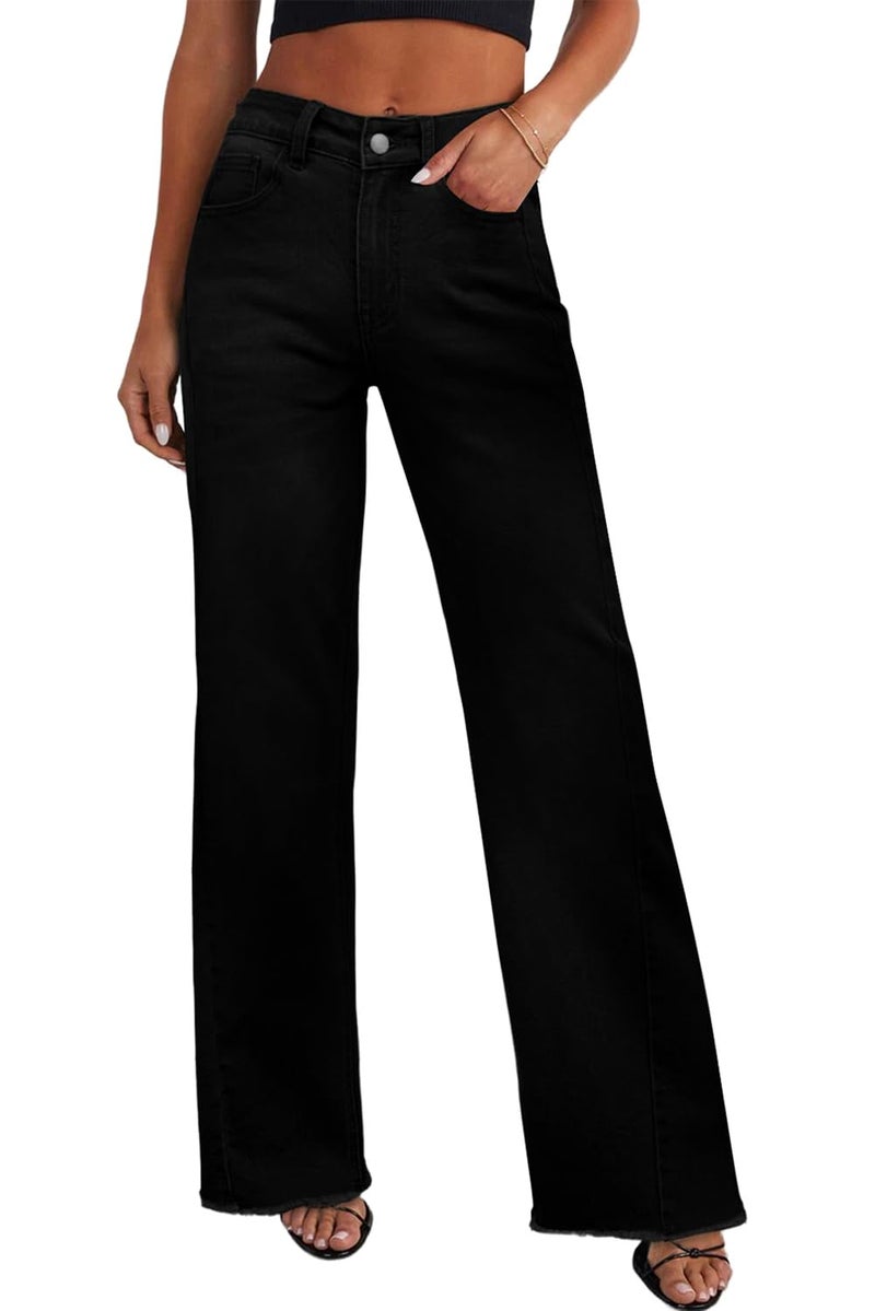 Sidefeel Women's High Waisted Baggy Jeans Strechy Raw Hem Straight Leg Denim Pants Size 2 Solid Black - Image 1