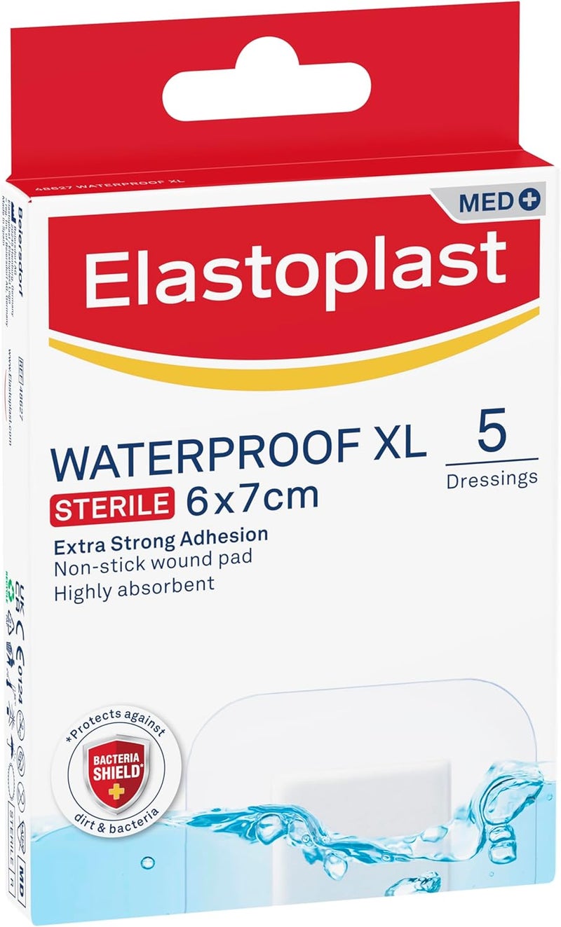 إيلاستوبلاست ضمادات Waterproof XL Med+ (5 قطع)، علبة لصقات إسعافات أولية، لصقات كبيرة للجروح بعد العمليات الجراحية، ضمادة معقمة مقاومة للماء للجروح، خالية من اللاتكس، مادة مرنة، شفافة - Image 1