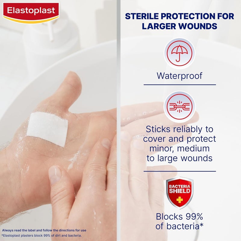 إيلاستوبلاست ضمادات Waterproof XL Med+ (5 قطع)، علبة لصقات إسعافات أولية، لصقات كبيرة للجروح بعد العمليات الجراحية، ضمادة معقمة مقاومة للماء للجروح، خالية من اللاتكس، مادة مرنة، شفافة - Image 4