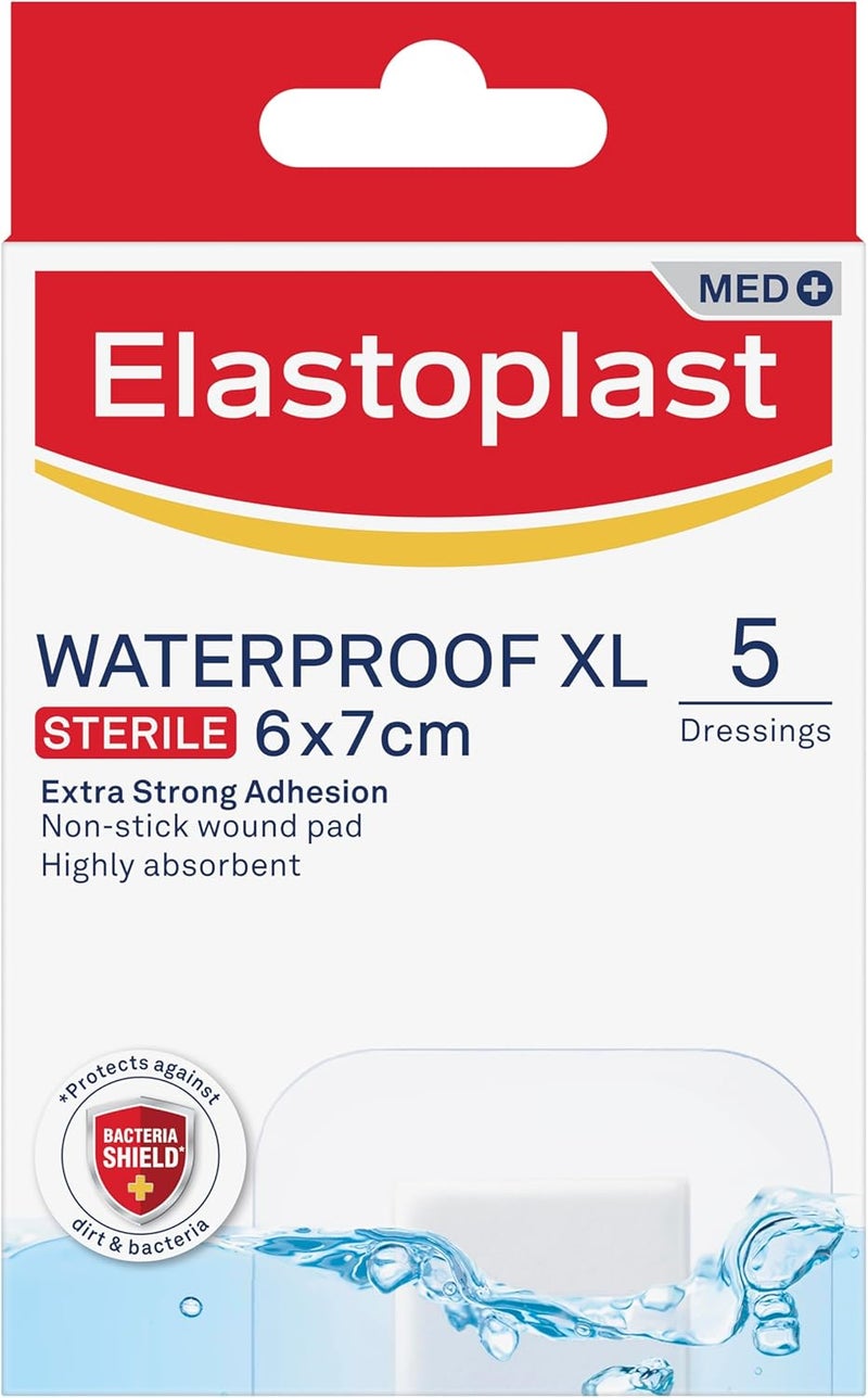 إيلاستوبلاست ضمادات Waterproof XL Med+ (5 قطع)، علبة لصقات إسعافات أولية، لصقات كبيرة للجروح بعد العمليات الجراحية، ضمادة معقمة مقاومة للماء للجروح، خالية من اللاتكس، مادة مرنة، شفافة - Image 2