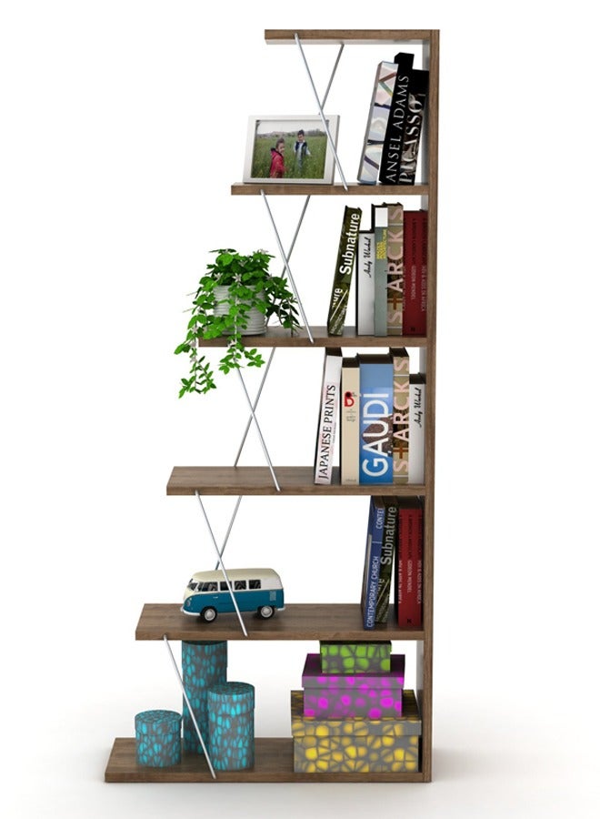 Home Canvas Rafevi Tars Modern Mini Book Shelves for Living Room or Study Room, Easy Assembly Book Shelf- Walnut and Chrome - Image 2