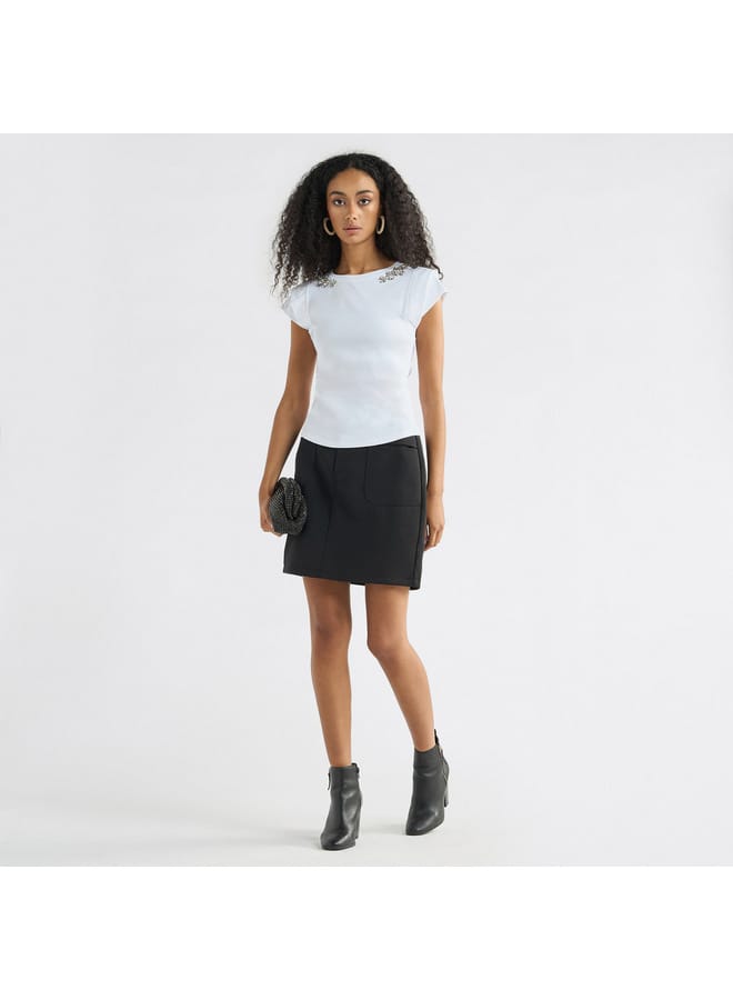 Splash FAV Embellished T-shirt with Round Neck and Cap Sleeves  - Image 2