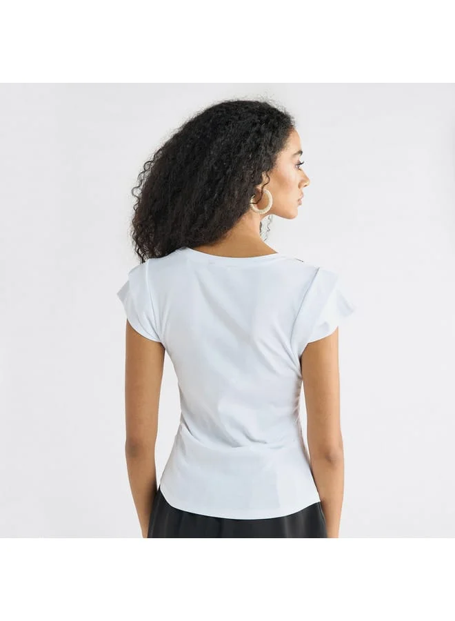 Splash FAV Embellished T-shirt with Round Neck and Cap Sleeves