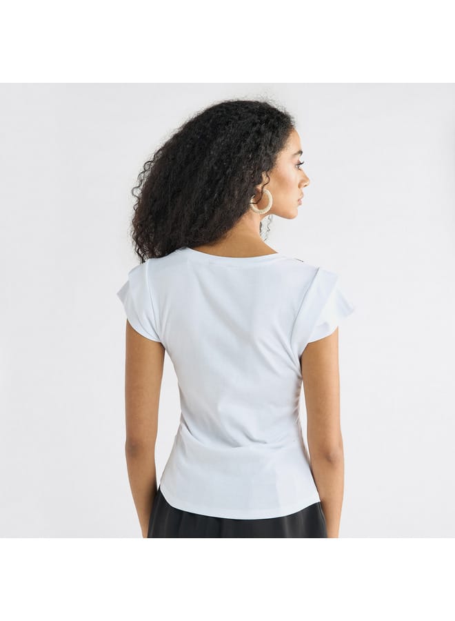 Splash FAV Embellished T-shirt with Round Neck and Cap Sleeves  - Image 3
