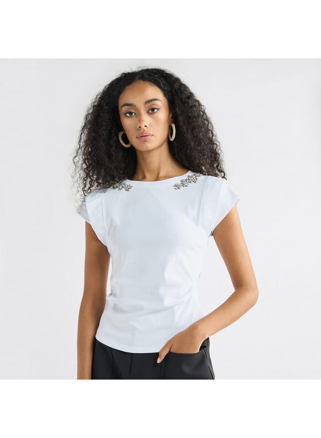 Splash FAV Embellished T-shirt with Round Neck and Cap Sleeves  - Image 1