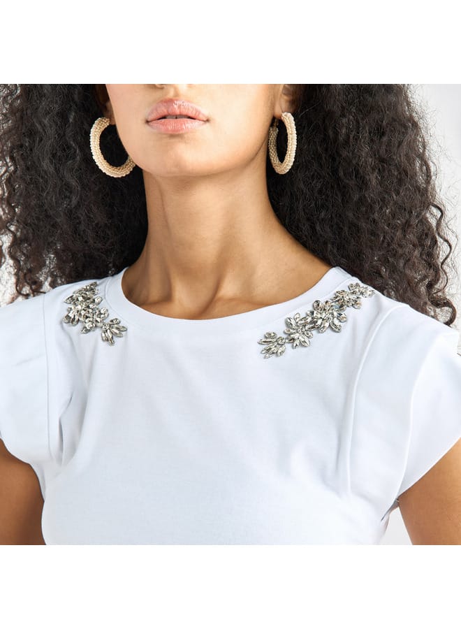 Splash FAV Embellished T-shirt with Round Neck and Cap Sleeves  - Image 4