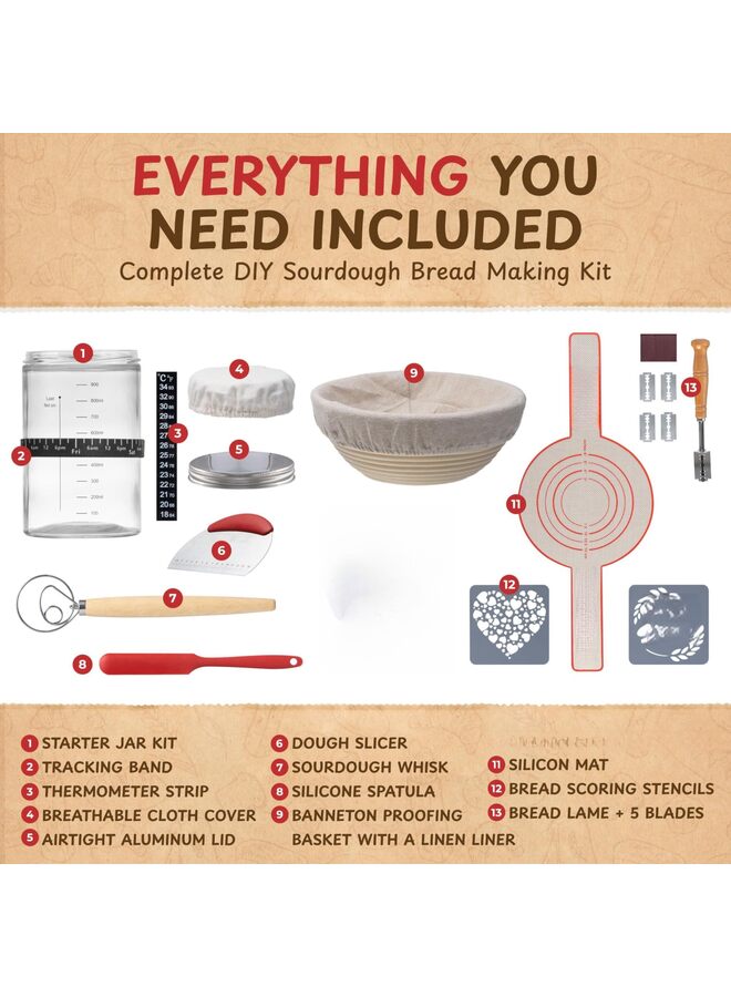 طقم خبز العجين المخمر الكامل (3 قطع)، طقم برطمان زجاجي لخبز العجين المخمر، مع العديد من لوازم خبز العجين المخمر - يتضمن الطقم برطمانًا للعجين المخمر - Image 2