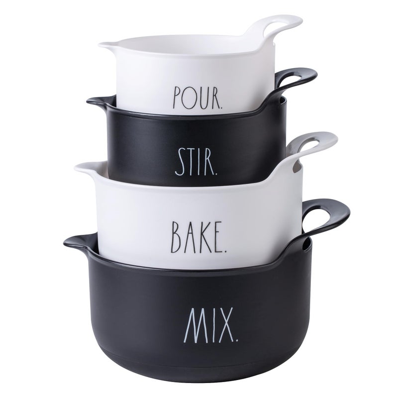 Rae Dunn Non-Slip Mixing Bowls - 4 Piece Nesting Plastic Mixing Bowl Set with Pour Spouts and Handles-Measurement Markings (Black) - Image 1