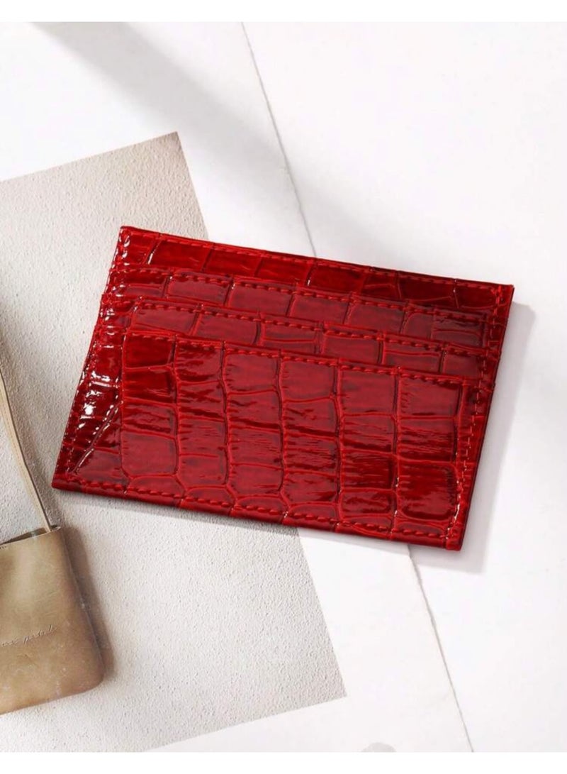 Women’s Slim Multi-Slot Card Holder Wallet, Crocodile Pattern PU Credit & ID Card Case – Burgundy - Image 3