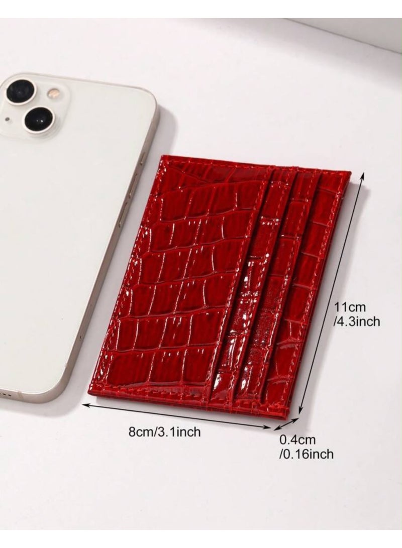 Women’s Slim Multi-Slot Card Holder Wallet, Crocodile Pattern PU Credit & ID Card Case – Burgundy - Image 4