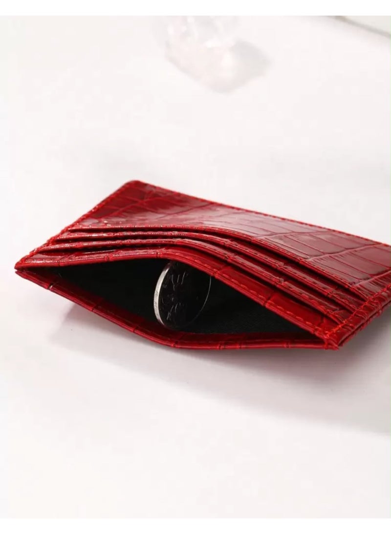 Women’s Slim Multi-Slot Card Holder Wallet, Crocodile Pattern PU Credit & ID Card Case – Burgundy - Image 2