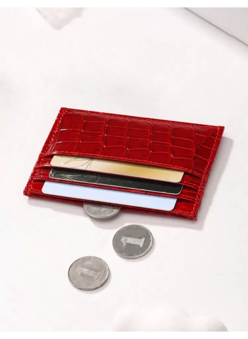 Women’s Slim Multi-Slot Card Holder Wallet, Crocodile Pattern PU Credit & ID Card Case – Burgundy - Image 1