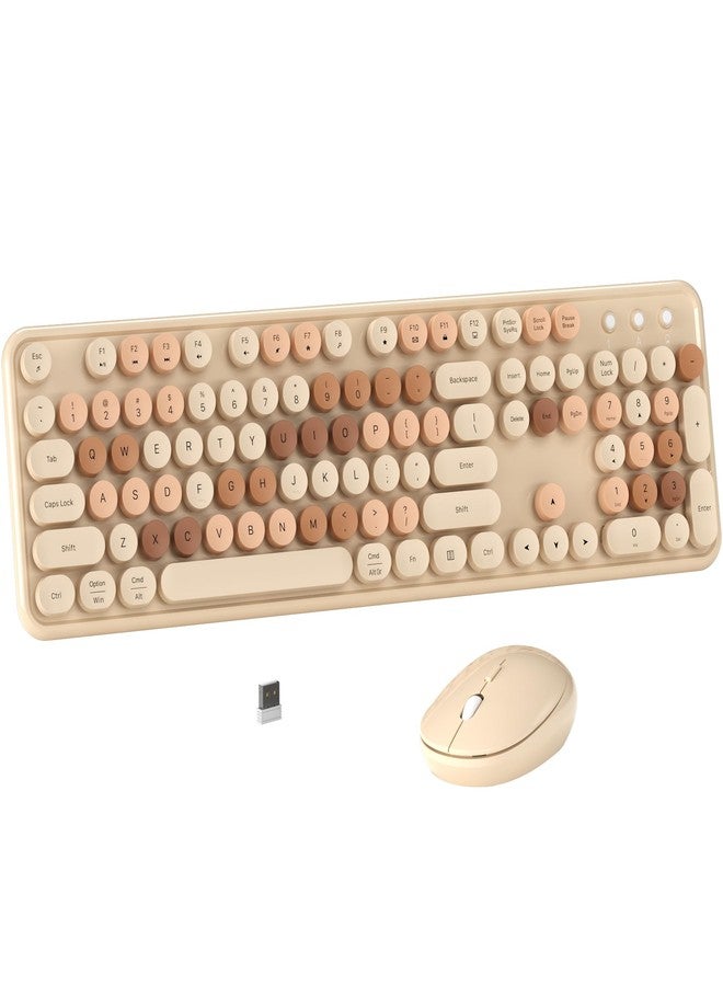 MPTOG Colorful Wireless Computer Keyboard and Mouse Combo with Round Typewriter Keycaps, Retro Design, Power Switch, Ergonomic Design, 2.4GHz Wireless for Windows, Mac, PC(Milk-Tea Colorful) - Image 1