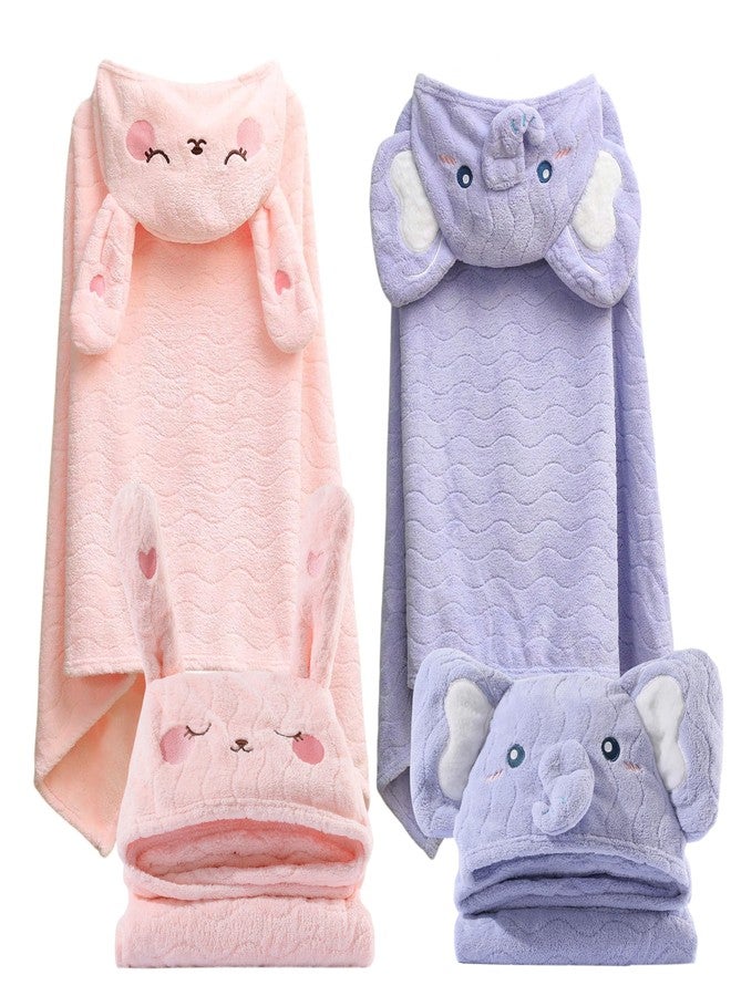 FOINEMYED 2 Pack Hooded Towels for Toddlers - Thick 55" x 27.5" Baby Bath Towel Set for Girls and Boys - Super Absorbent, Age 1-5, Elephant & Rabbit - Image 1