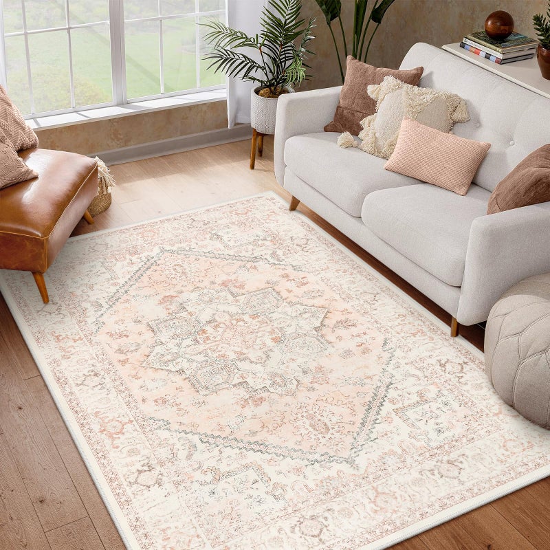 LIVEBOX Pink Area Rug 5x7 - Soft Rugs for Bedroom, Non-Slip Pink Rugs for Bedroom Girls, Vintage Washable Cute Aesthetic Rug for Nursery Dining Room, Retro Print Distressed Accent Carpet for Apartment - Image 5