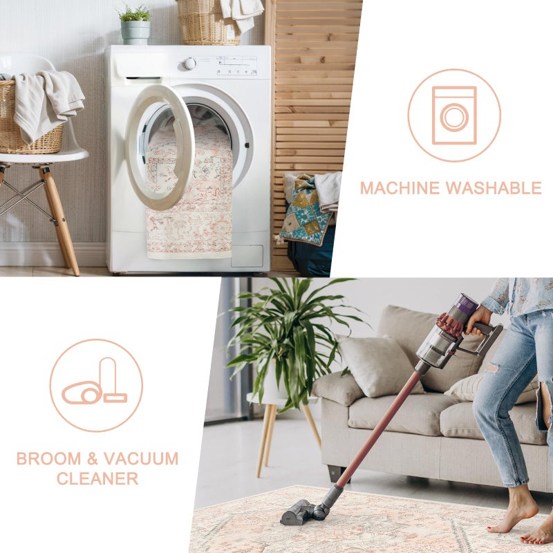 LIVEBOX Pink Area Rug 5x7 - Soft Rugs for Bedroom, Non-Slip Pink Rugs for Bedroom Girls, Vintage Washable Cute Aesthetic Rug for Nursery Dining Room, Retro Print Distressed Accent Carpet for Apartment - Image 3