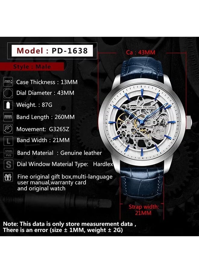 PAGANI DESIGN - Men's Automatic Mechanical Watches ,Waterproof,Leather Strap 43MM Mechanical Skeleton Sapphire Glass Surface Stainless Steel Case, Fashion Casual Business Watches PD1638 - Image 1