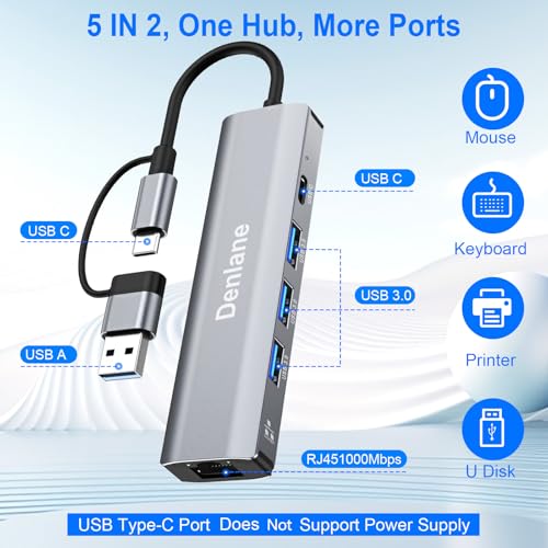 Denlane USB C USB 3.0 to Ethernet Adapter, 5 in 2 Gigabit USB Ethernet Hub for Laptop with 4-Port USB-A 3.0 and USBC, 1000Mbps RJ45 LAN Network Adapter Compatible with MacBook/iPad Pro/Phone/Tablet - Image 2