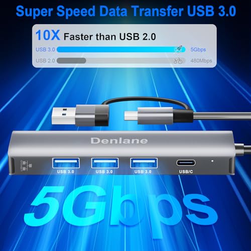 Denlane USB C USB 3.0 to Ethernet Adapter, 5 in 2 Gigabit USB Ethernet Hub for Laptop with 4-Port USB-A 3.0 and USBC, 1000Mbps RJ45 LAN Network Adapter Compatible with MacBook/iPad Pro/Phone/Tablet - Image 4