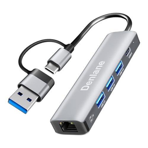 Denlane USB C USB 3.0 to Ethernet Adapter, 5 in 2 Gigabit USB Ethernet Hub for Laptop with 4-Port USB-A 3.0 and USBC, 1000Mbps RJ45 LAN Network Adapter Compatible with MacBook/iPad Pro/Phone/Tablet - Image 1