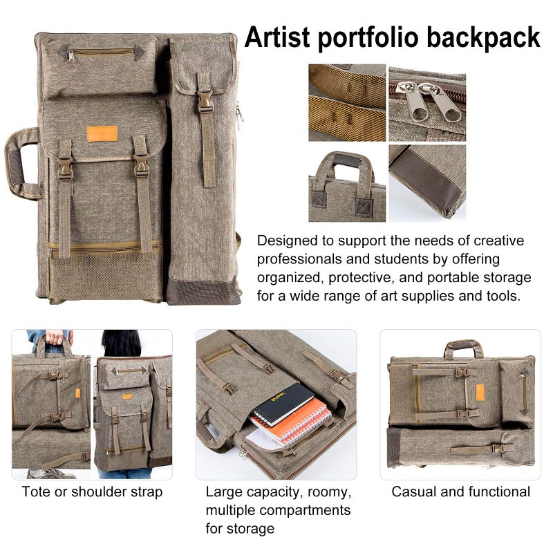 TRANSON Art Portfolio Case Artist Backpack Canvas Bag Large 26â€ x 19.5â€ Khaki - Image 2