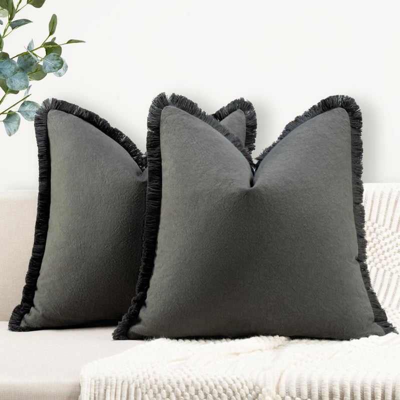 ZWJD Pillow Covers 18x18 Set of 2 Dark Gray Throw Pillow Covers with Fringe Chic Cotton Decorative Pillows Square Cushion Covers for Sofa Couch Bed Living Room Farmhouse Boho Decor - Image 1