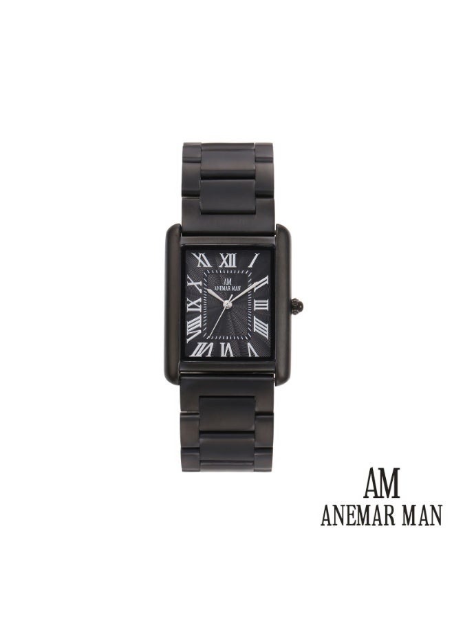 ANEMAR MAN Men's stainless steel wristwatch, Cartier style, water-resistant and high quality, black strap with black dial