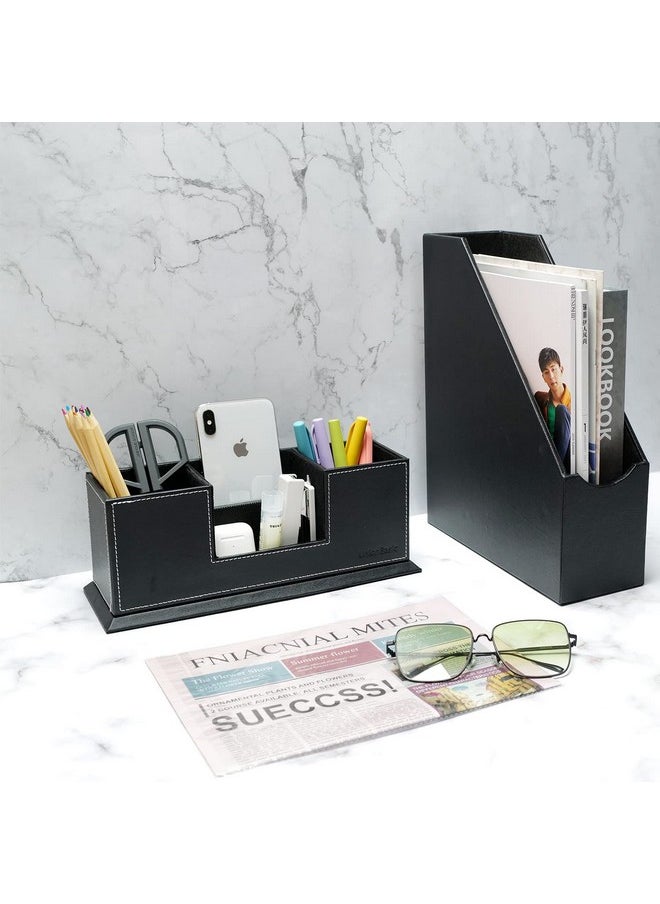 UnionBasic UnionBasic Desk Organizer, Desktop Caddy Leather Multi-compartment Pen Holder Office Stationer Organizer, Black  - Image 3