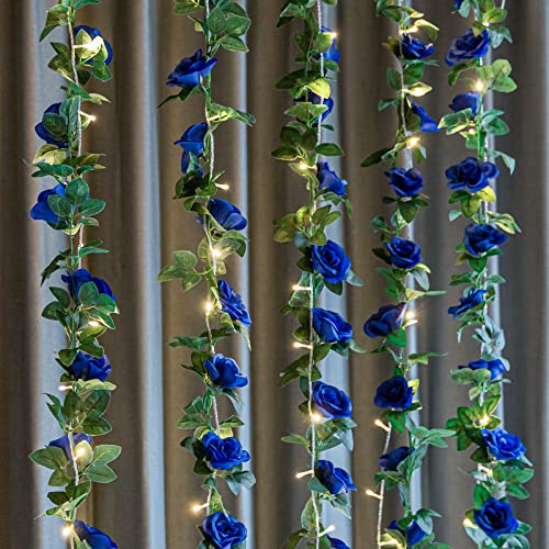 OWPFJG 2 Pack (16FT) Artificial Rose Vine Fake Flowers Garland Hanging Silk Rose Ivy Plants Vine for Father's Day,Wedding Arch Party Garden Home Aesthetic Art Décor (Royal Blue) - Image 3