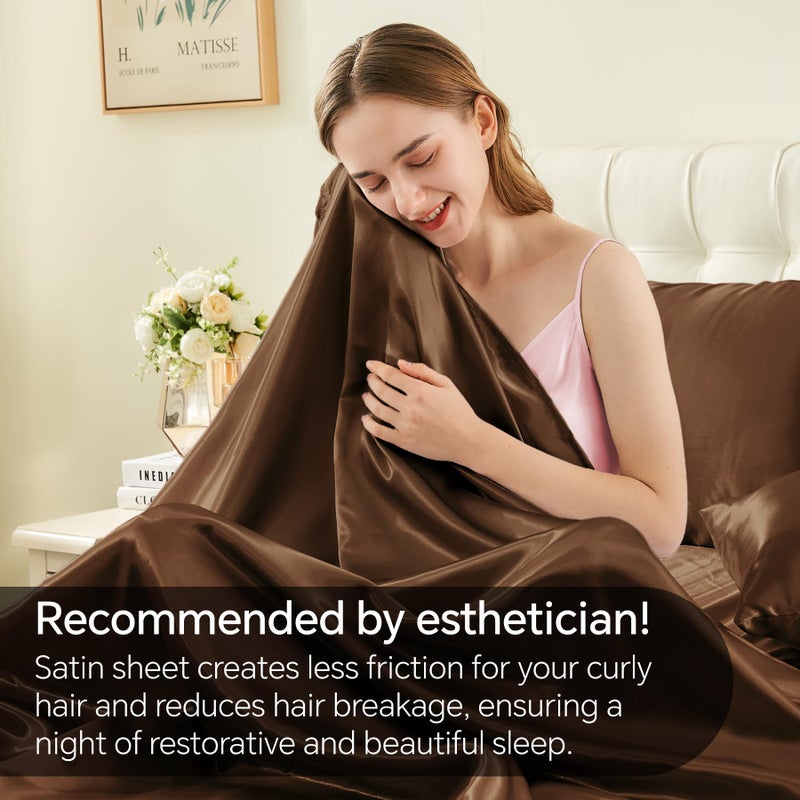 BEDELITE Satin Sheets Twin Size Bed Set  Luxury Soft Brown Silky Sheets for Hair and Skin  Similar to Silk Bed Sheets Set 3 Pieces with 1 Deep Pocket Fitted Sheet  1 Flat Sheet  and 1 Pillowcase - Image 4