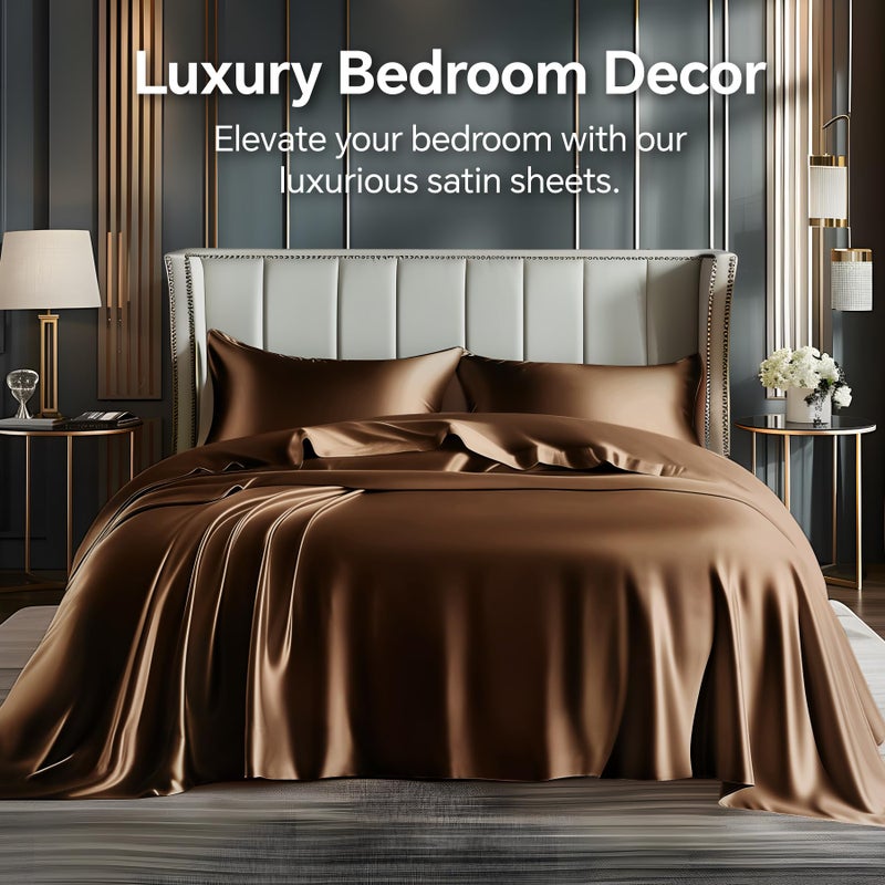 BEDELITE Satin Sheets Twin Size Bed Set  Luxury Soft Brown Silky Sheets for Hair and Skin  Similar to Silk Bed Sheets Set 3 Pieces with 1 Deep Pocket Fitted Sheet  1 Flat Sheet  and 1 Pillowcase - Image 2