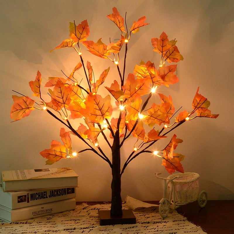 S-Union Artificial Fall Lighted Maple Tree 24 LED Thanksgiving Decorations Table Lights Battery Operated for Wedding Party Gifts Indoor Outdoor Autumn Harvest Home Decor - Image 1