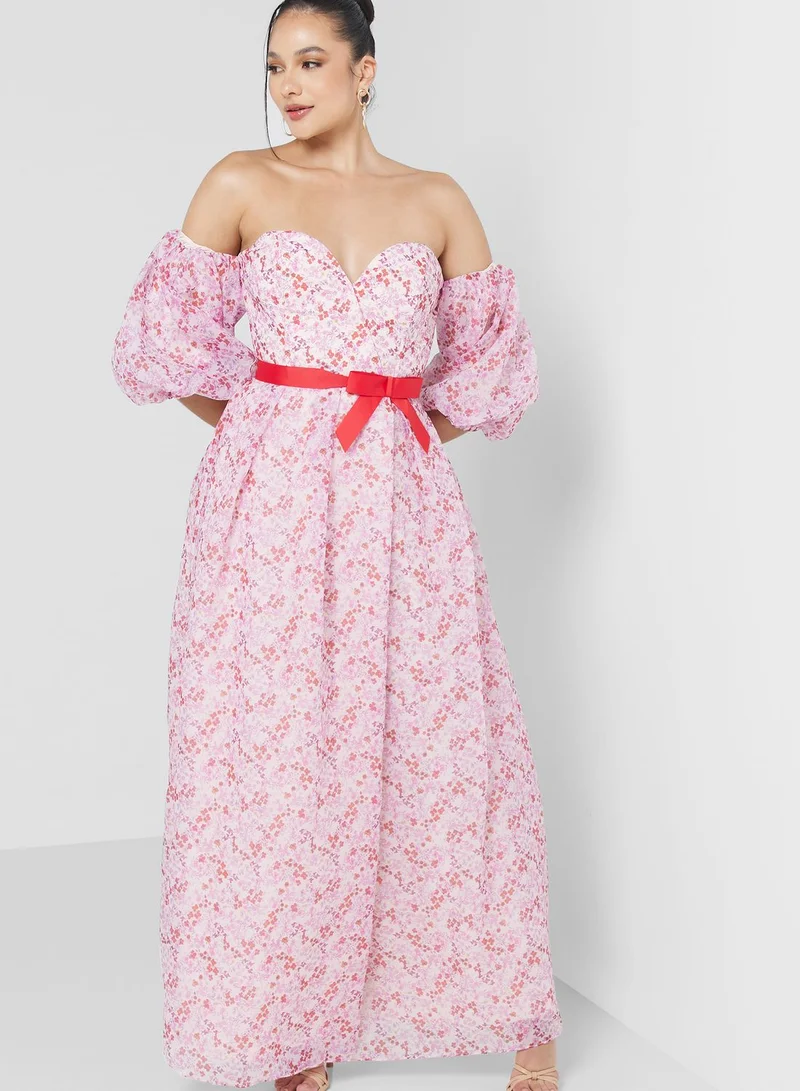 Femi9 Printed Puff Sleeve Tie Detail Dress