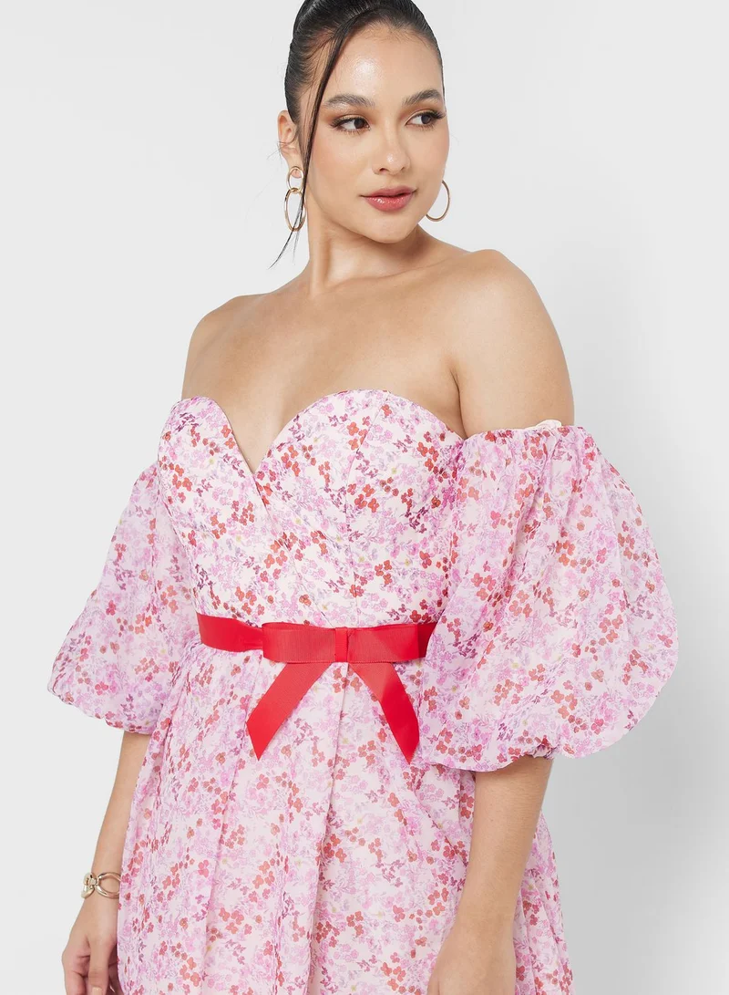 Femi9 Printed Puff Sleeve Tie Detail Dress