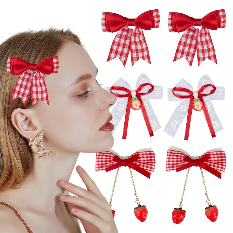 6 Pcs Strawberry Hair Bow Clips Hair Accessories Cute Alligator Hair Barrettes Red White Plaid Bow Decor for Women Girls Hair Decoration Christmas