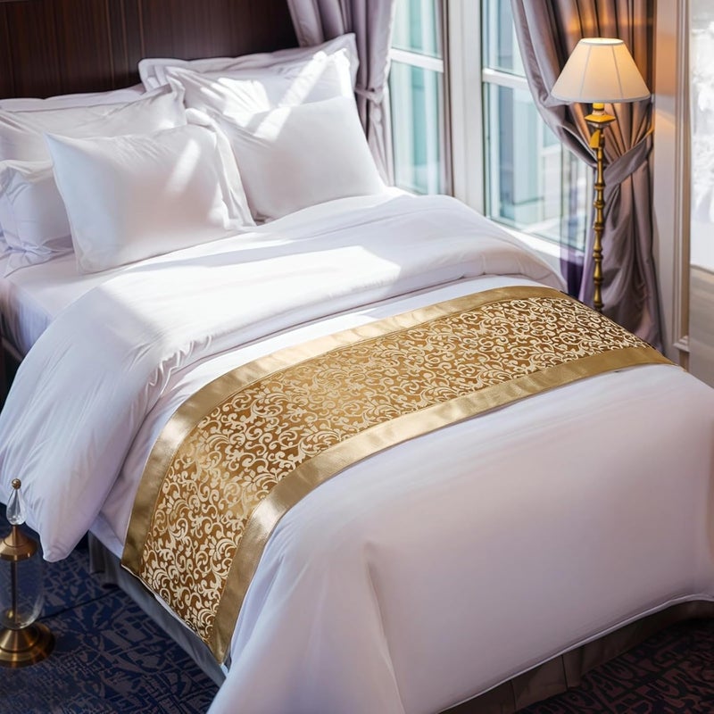 Queen Bed Runner, Gold Embroidered Polyester Scarf with Reinforced Edges, Silky Soft Finish, Elegant Bedroom Accent, 19.7 × 82.7 in - Image 2