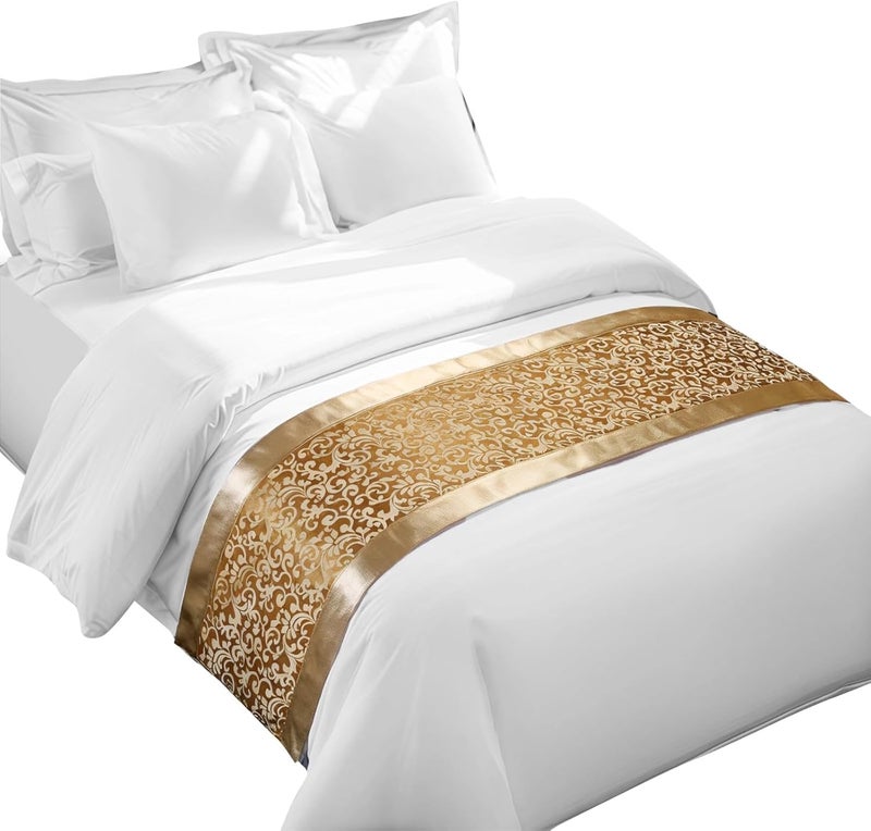 Queen Bed Runner, Gold Embroidered Polyester Scarf with Reinforced Edges, Silky Soft Finish, Elegant Bedroom Accent, 19.7 × 82.7 in - Image 1