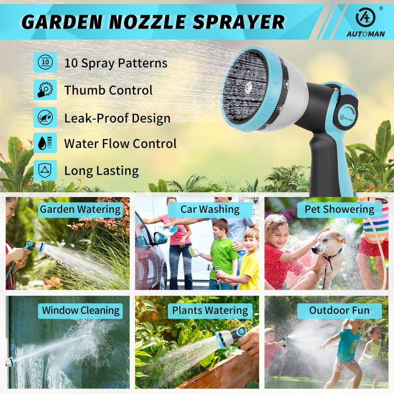 AUTOMAN Garden Hose Nozzle Sprayer - 10 Spray Patterns, High Pressure, Thumb Control On Off Valve, Metal Duty Water Nozzle, Extra 3 Washers, for Watering Garden, Cleaning, Washing Car, Showering Pets - Image 2