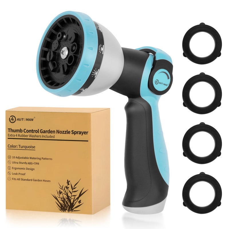 AUTOMAN Garden Hose Nozzle Sprayer - 10 Spray Patterns, High Pressure, Thumb Control On Off Valve, Metal Duty Water Nozzle, Extra 3 Washers, for Watering Garden, Cleaning, Washing Car, Showering Pets - Image 1