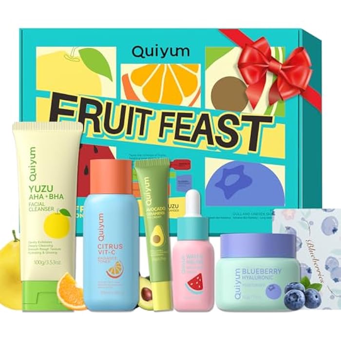 QUIYUM Fruit Skin Care for Teens, 5 Daily Routine Beauty Skin Care Sets - Exfoliation, Smooth, Clean, Oil Control, Firm, Hydrate, Glow Up, Skincare Gift Set for Girls Women, Facial Travel Set, for All Skin - Image 1