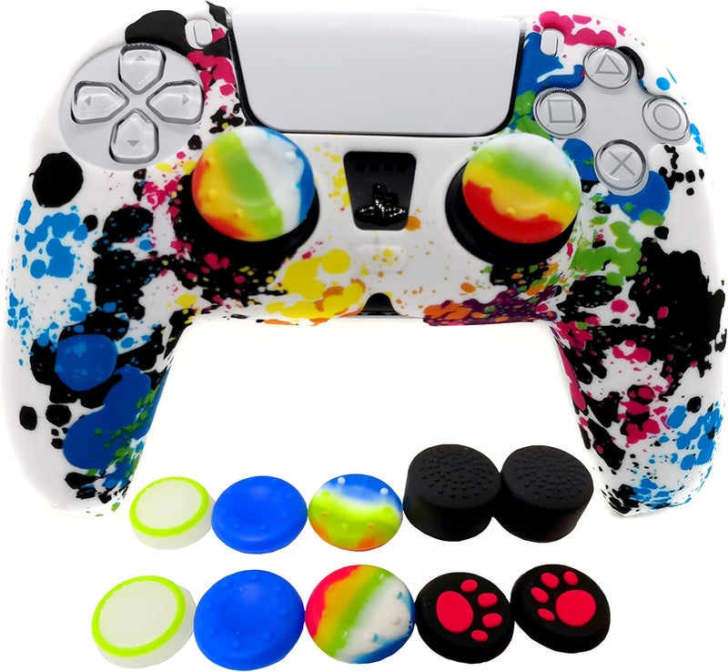 Asokex Skin for PS5 Controller Grips, Silicone Case Cover for PlayStation 5 Anti-Slip Protector with 10pcs Thumb Joysticks Caps (Graffiti) - Image 1