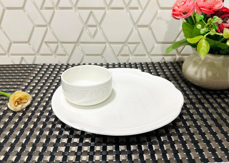 ALTAICA Porcelain Platter with Dip Bowl Serving for Snacks, Starter, Salad, Perfect for Modern Kitchen Size - 20x20x2 CM - Image 2