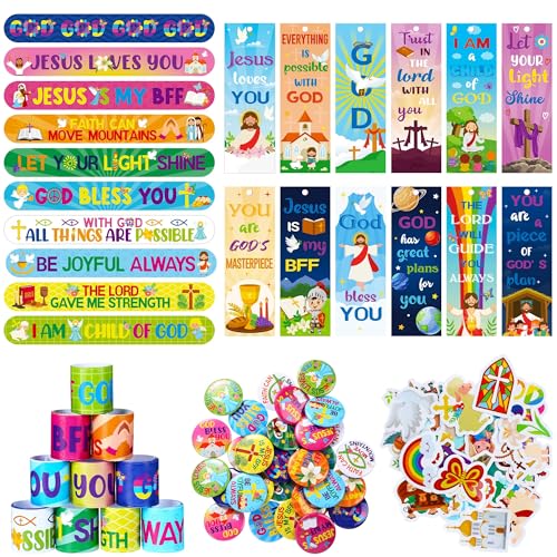 Frienda 170 Pcs Christian Party Favors for Kids Bible Verse Bookmark Religious Slap Bracelets Jesus Stickers Mini Buttons Pins for VBS Sunday School Valentines Day Christian Gifts Classroom Prizes - Image 1