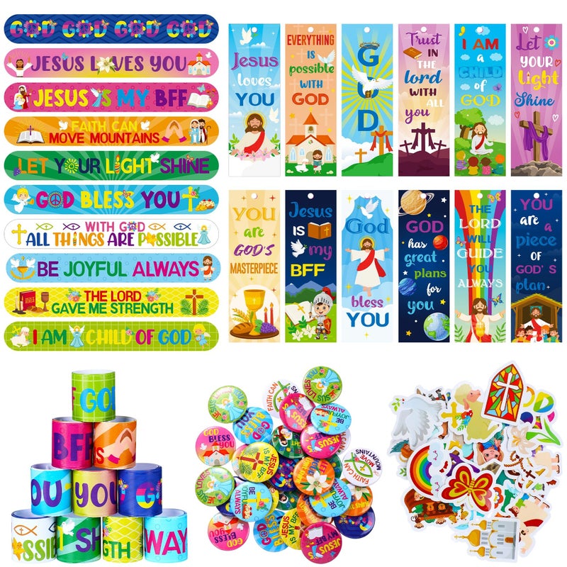 Frienda 170 Pcs Christian Party Favors for Kids Bible Verse Bookmark Religious Slap Bracelets Jesus Stickers Mini Buttons Pins for VBS Sunday School Valentines Day Christian Gifts Classroom Prizes - Image 3