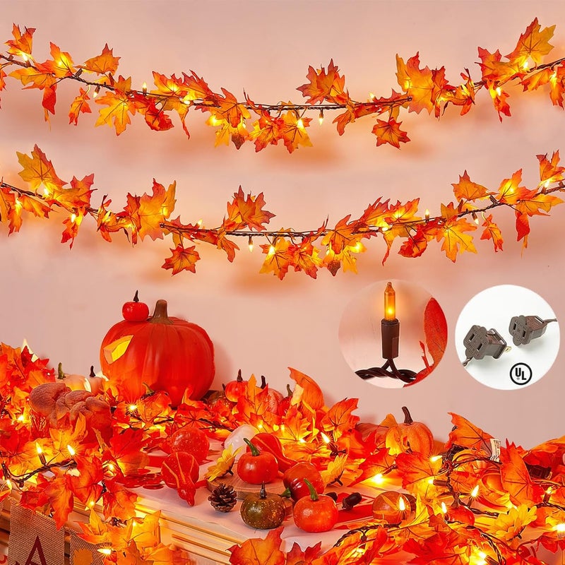 Dirnun Thanksgiving Decorations for Home 9FT Plug in Thanksgiving Garland with Lights 50 Bulbs Maple Leaves Light, Connectable Fall Lights for Indoor Outdoor Harvest Thanksgivings Home Party Decorations - Image 2