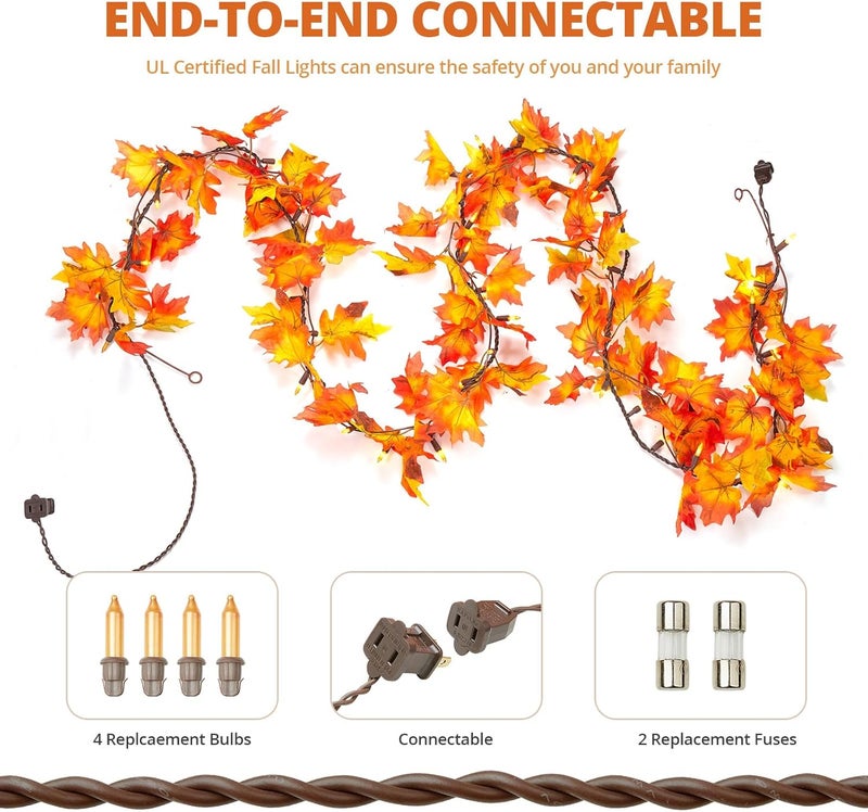 Dirnun Thanksgiving Decorations for Home 9FT Plug in Thanksgiving Garland with Lights 50 Bulbs Maple Leaves Light, Connectable Fall Lights for Indoor Outdoor Harvest Thanksgivings Home Party Decorations - Image 4