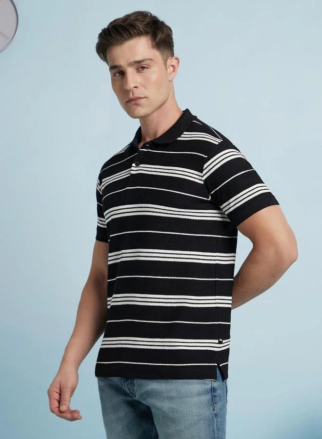 Dennis Lingo Men Black Regular Fit Striped Polo
